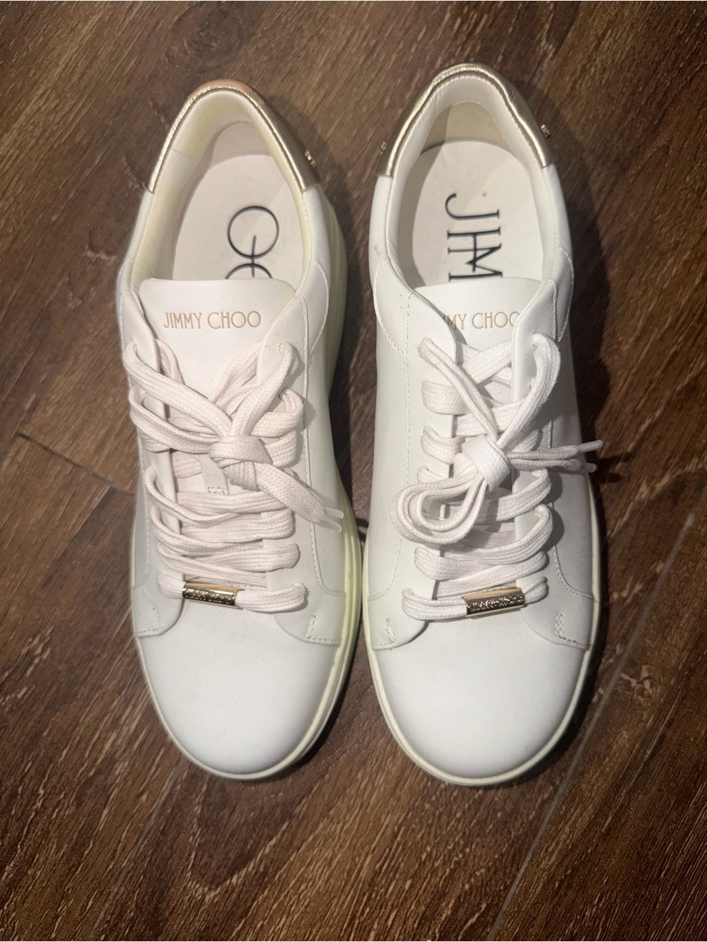 Jimmy Choo Rome White Leather Sneakers Champagne Gold Heel Size 39.5
